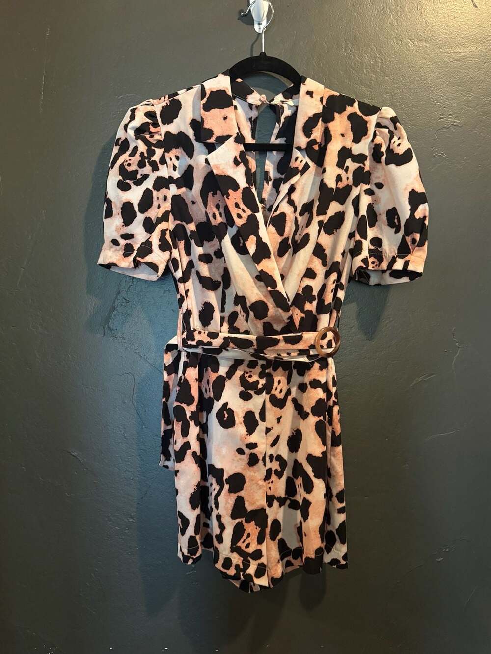 Feel In Apparel Leopard Print Wrap Romper with Belt small